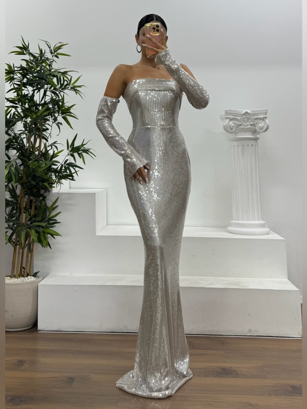 MINK STRAPLESS SEQUIN EVENING DRESS